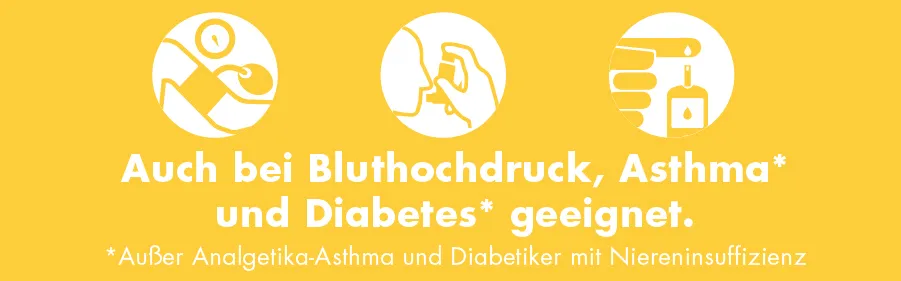 Gelber Hintergrund mit Symbolen und Text: Auch bei Bluthochdruck, Asthma und Diabetes geeignet. *Außer Analgetika-Asthma und Diabetiker mit Niereninsuffizienz.