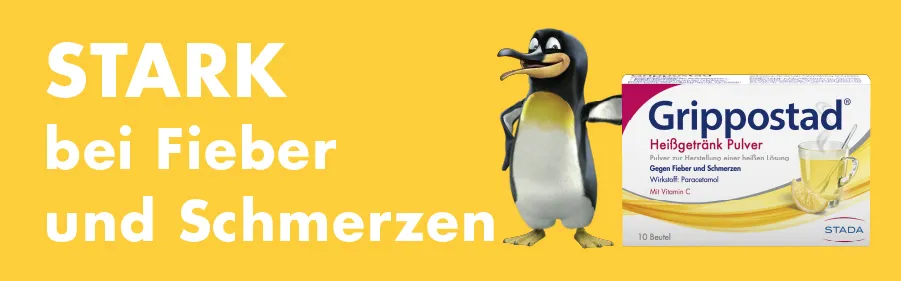 Gelber Hintergrund mit Text: STARK bei Fieber und Schmerzen. Rechts: Grippostad Heißgetränk Pulver, 10 Beutel, mit Pinguin.