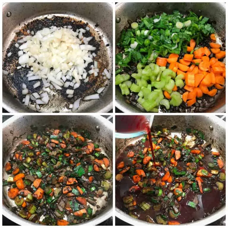 Gemüse kochen und Rotwein hinzufügen