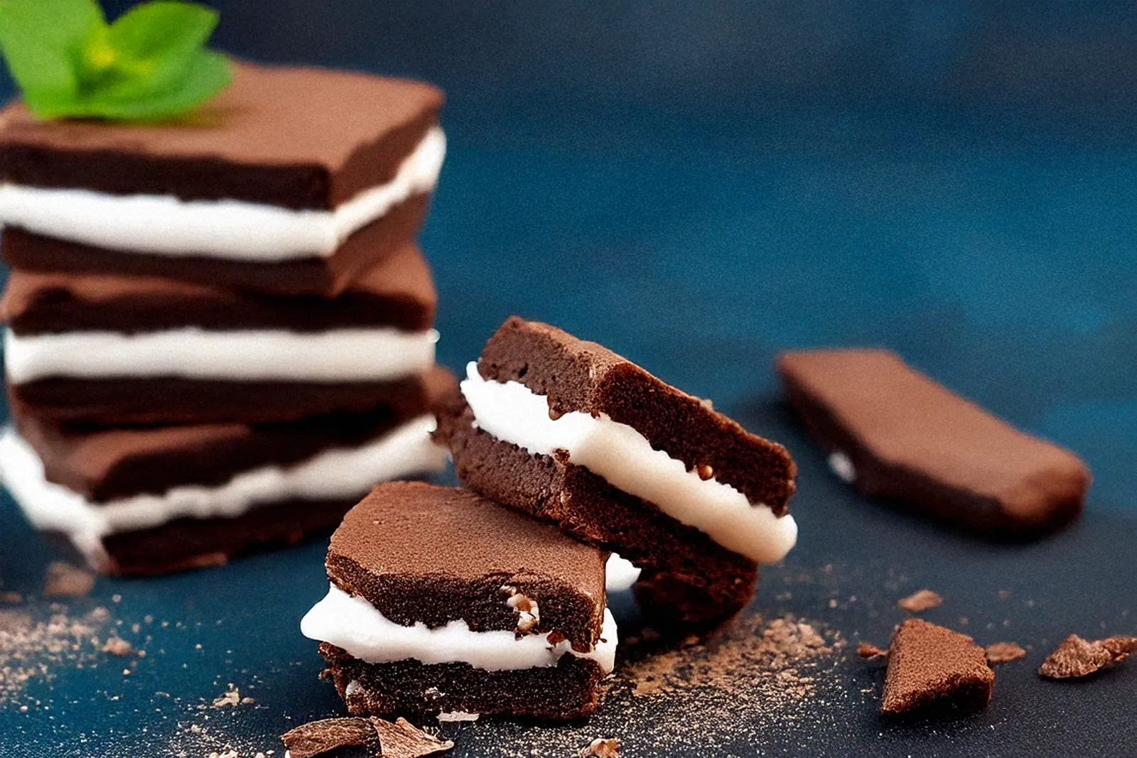 Gestapelte und einzelne Low-Carb-Milchschnitten aus dunklem Schokoladenbiskuit