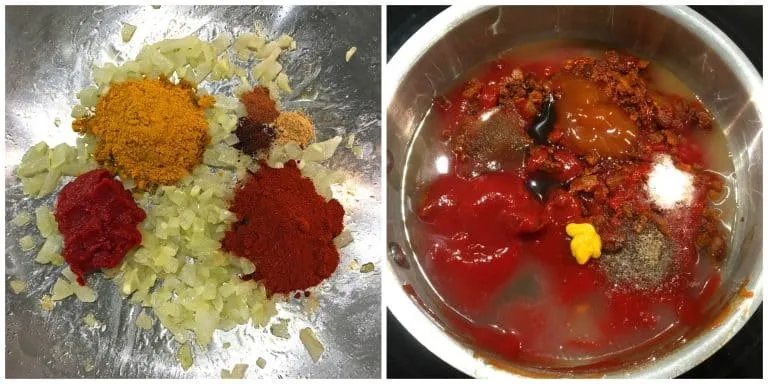 Gewürze werden in den Topf zu den Zwiebeln gegeben