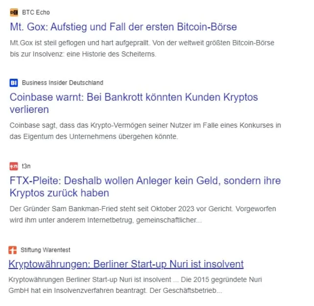 Googlesuche Ergebnisse: Bankrott und Insolvenz verschiedener Kryptobörsen