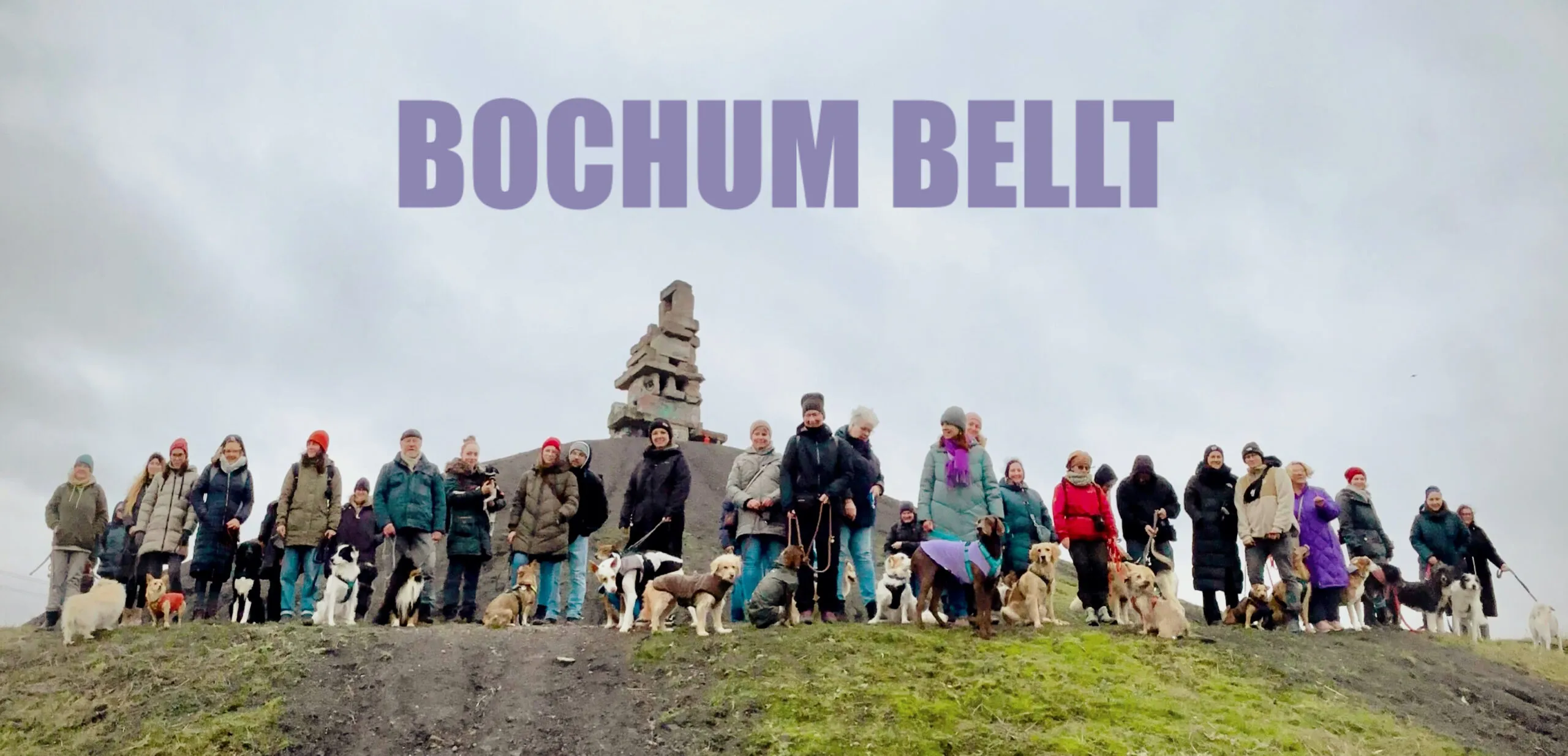 Gruppenbild glücklicher Hunde und ihrer Menschen bei der Hundeschule Bochum bellt