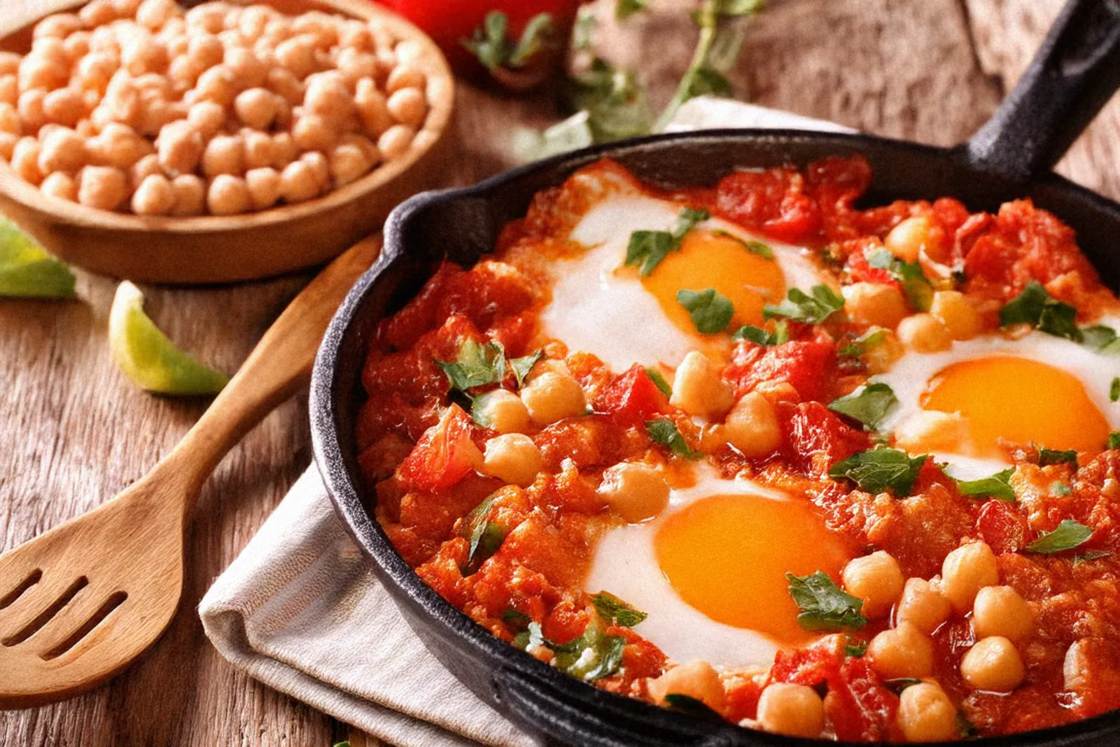 Gusseiserne Pfanne mit Shakshuka, bestehend aus pochierten Eiern in Tomatensauce