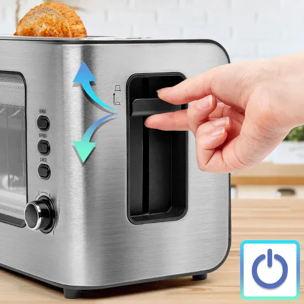 Hand drückt den Hebel des Duronic TB10 Toasters nach unten