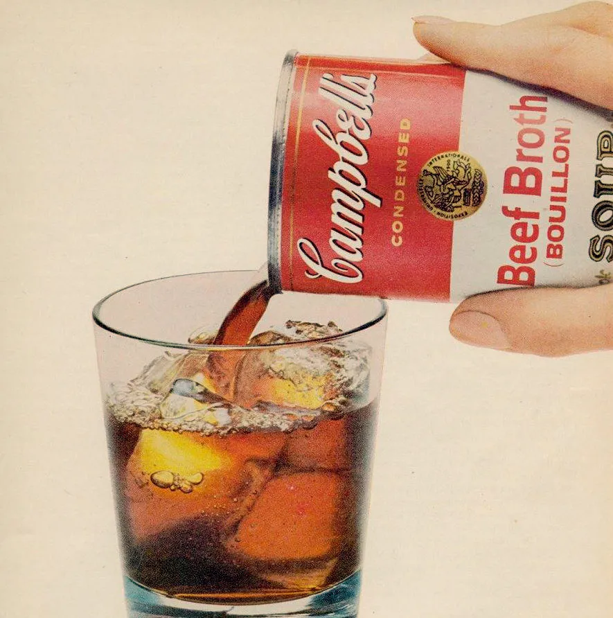 Historische Werbung für Campbells Rinderbrühe und den Bullshot Cocktail