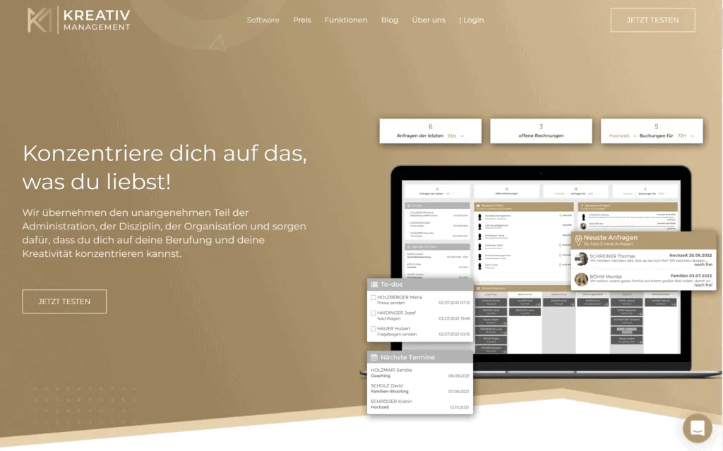 Homepage Ansicht der Kreativ.Management Software.