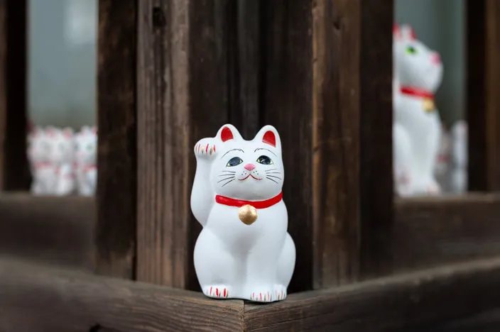Hunderte Winkekatzen im Gotokuji Tempel in Reih und Glied