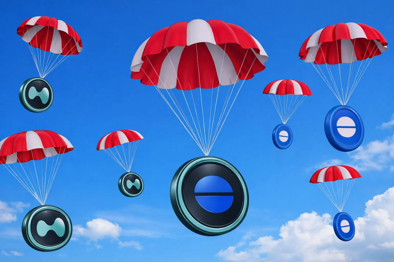 HYPE- und BASE-Münzen fallen vom Himmel, symbolisieren Airdrops