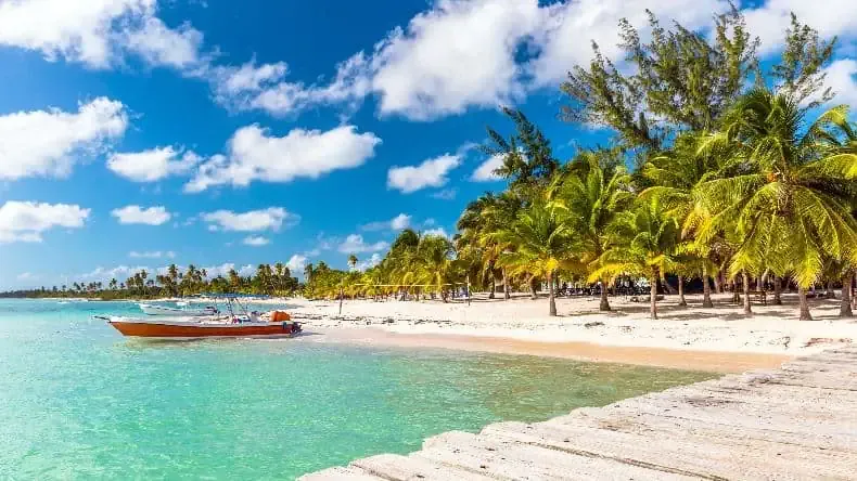 Idyllischer Strand in der Dominikanischen Republik mit Palmen und türkisblauem Meer