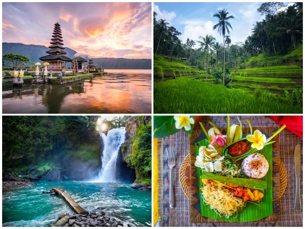 Impressionen von Bali: Pura Ulun Danu Bratan, Tegallalang Reisfelder, Tegenungan Wasserfall und lokales Gericht