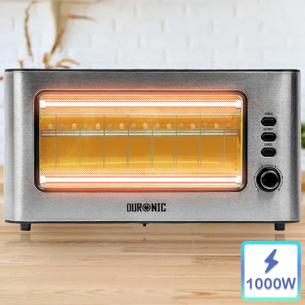 Innenansicht des Duronic TB10 Toasters mit glühenden Heizelementen