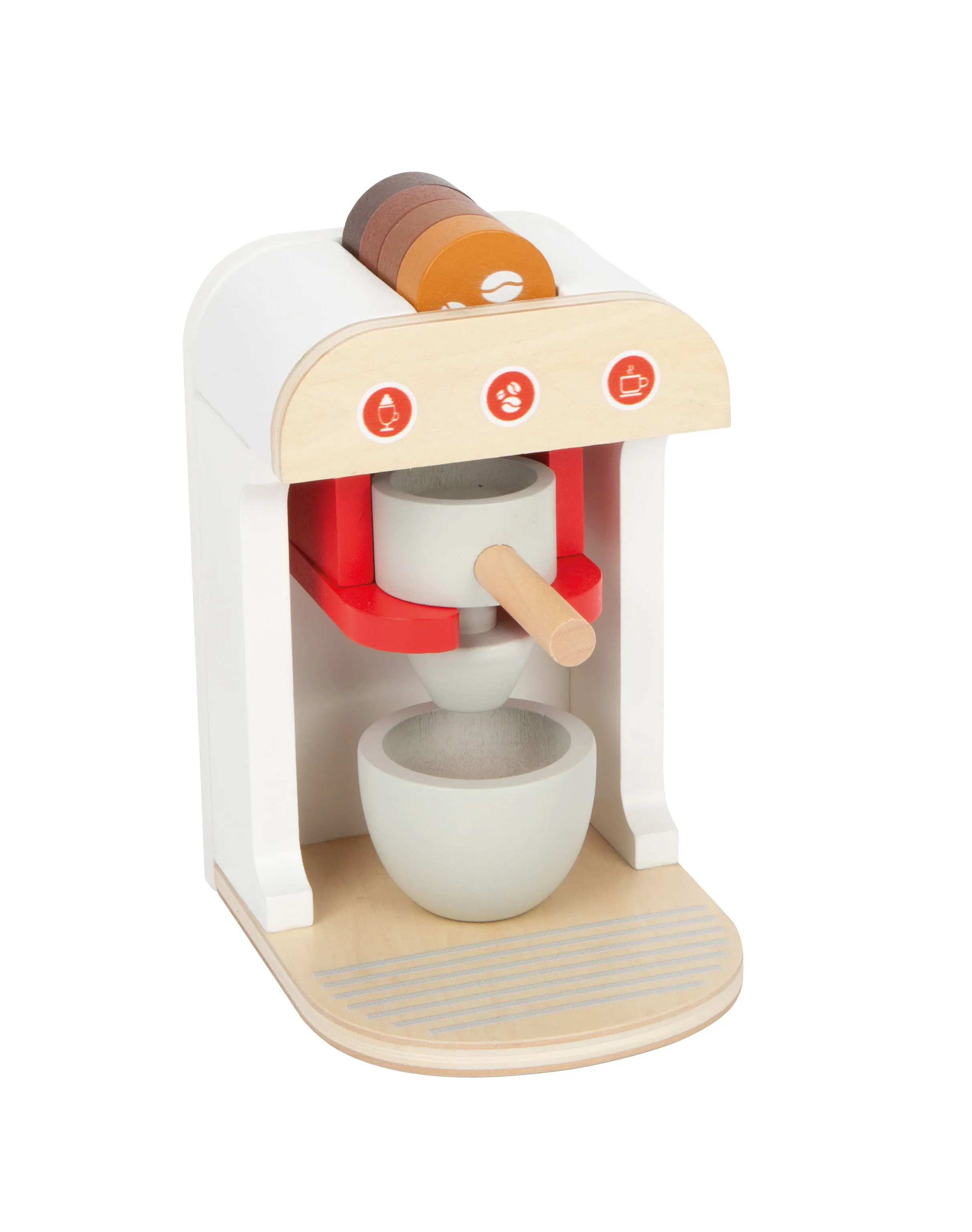 Kaffeemaschine aus Holz mit Kaffeebohnen in der Kinderküche