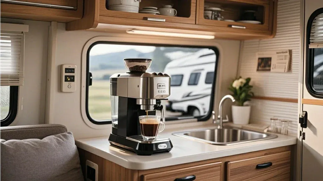 Kaffeemaschine in einem Wohnmobil auf dem Tisch