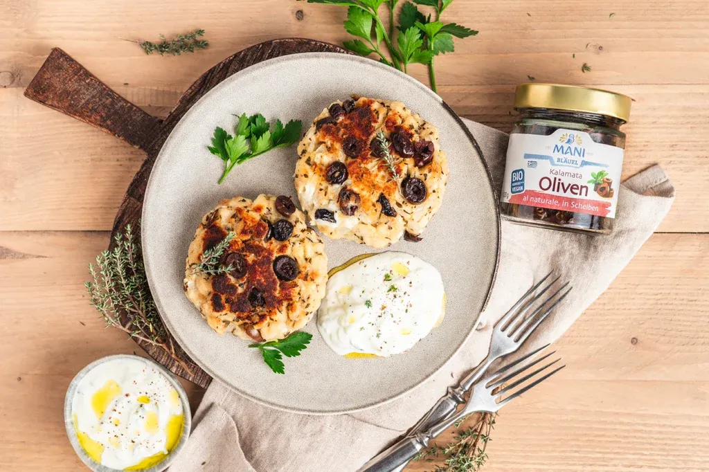 Kaspressknödel mit Tzatziki und frischen Kräutern auf einem Holztisch serviert