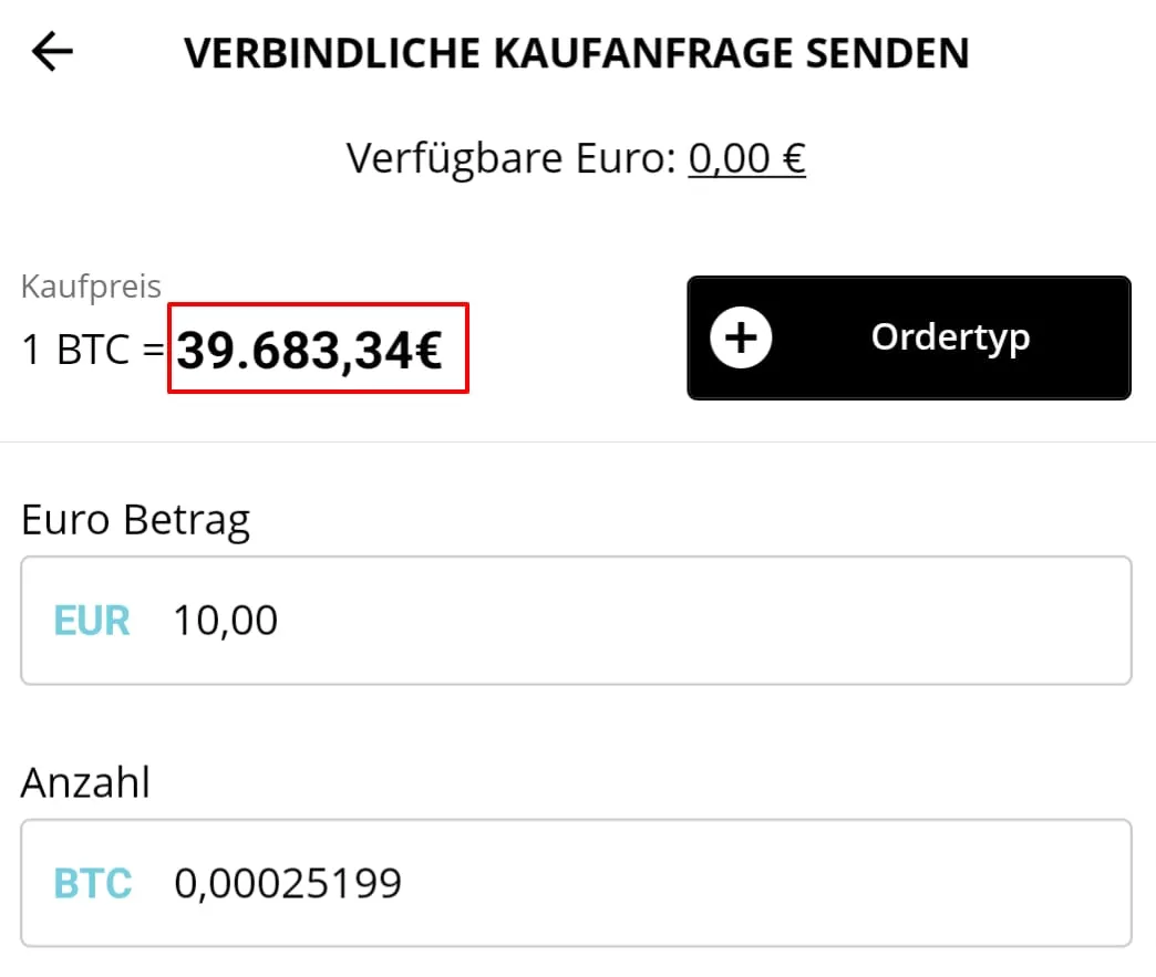 Kaufübersicht für Bitcoin in der Bison-App