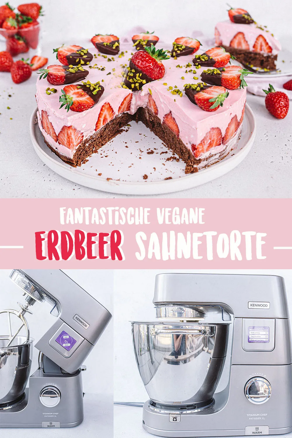 Kenwood Küchenmaschine und fertige vegane Erdbeer-Sahne-Torte