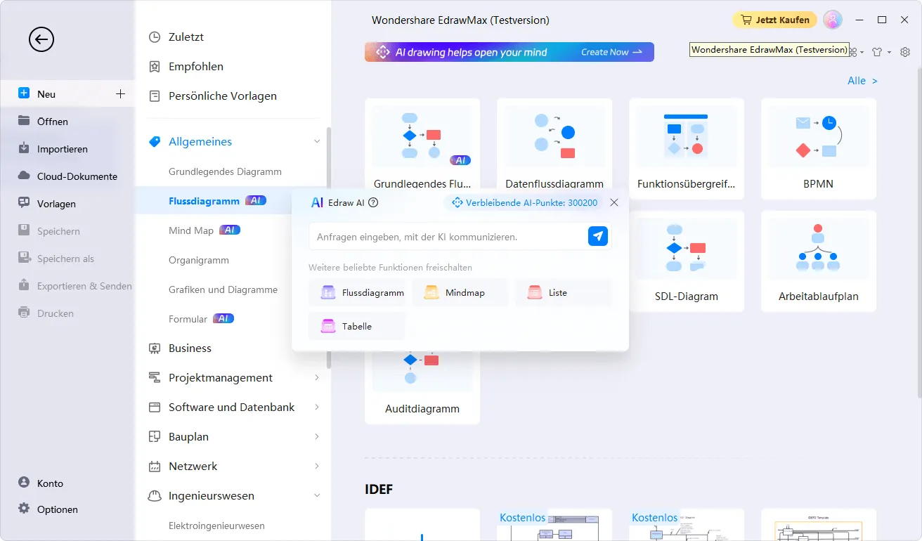 KI-Assistent im EdrawMax Zeichenprogramm starten und Diagrammtyp für Bemaßung wählen