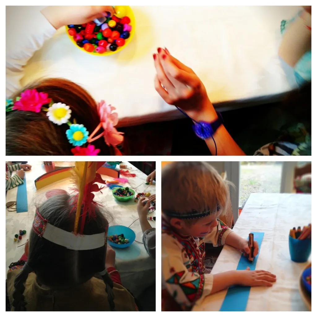 Kinder basteln Indianerschmuck, fädeln Ketten und gestalten Kopfschmuck aus Tonpapier