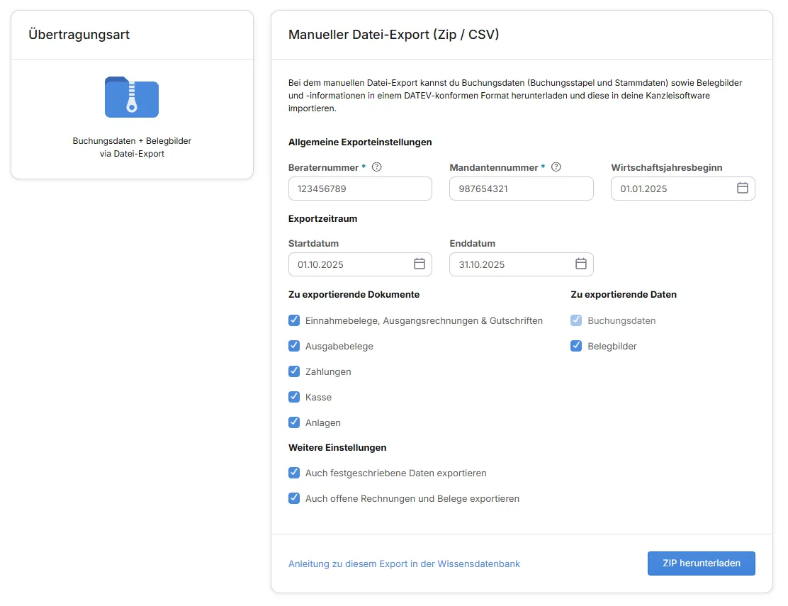 Konfiguration des manuellen sevdesk Datenexports für Buchungsdaten