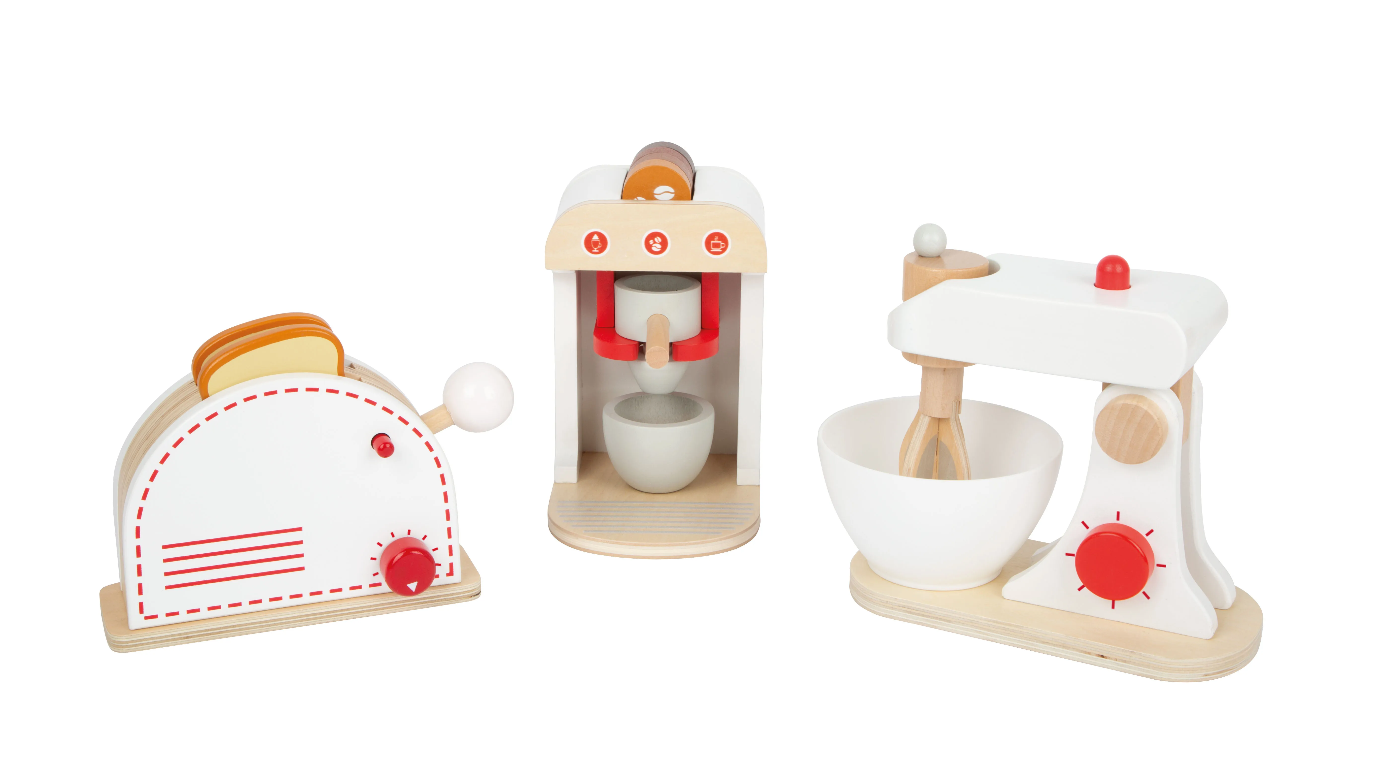 Küchengeräte wie Standmixer, Kaffeemaschine und Toaster aus Holz in schlichten Farben für die Kinderküche