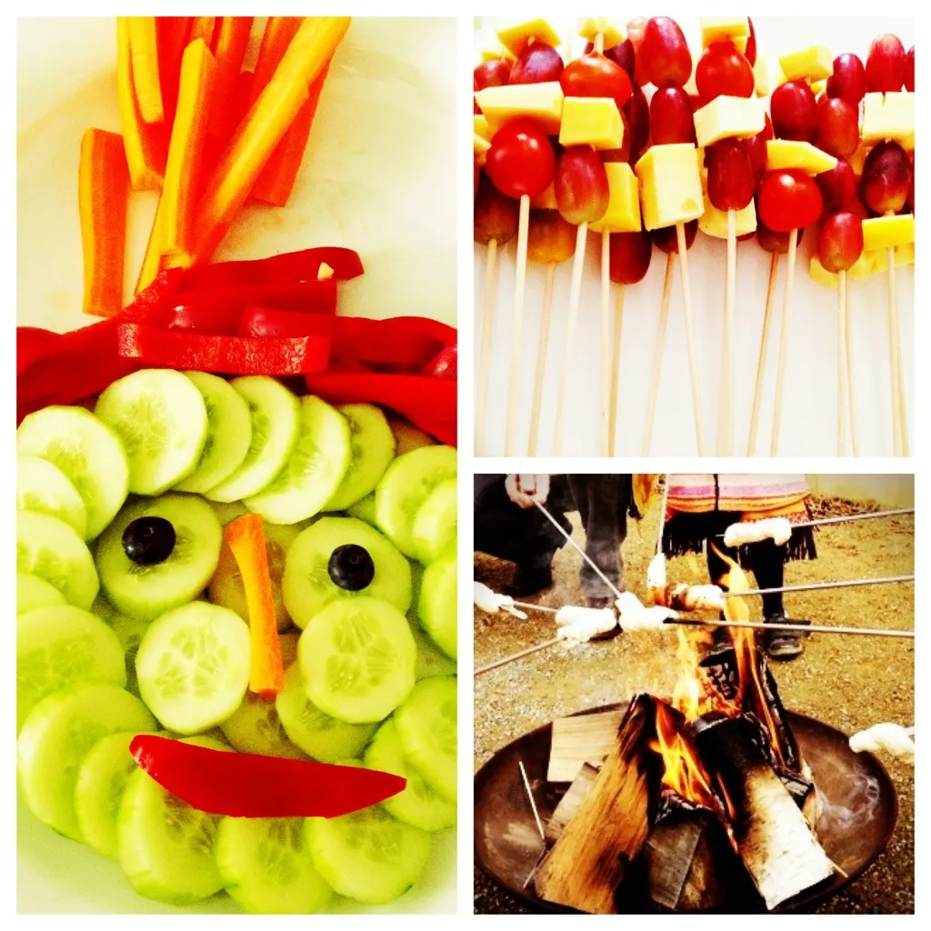 Lagerfeuer mit Stockbrot, kreativer Rohkost-Indianerkopf und Käse-Trauben-Spieße