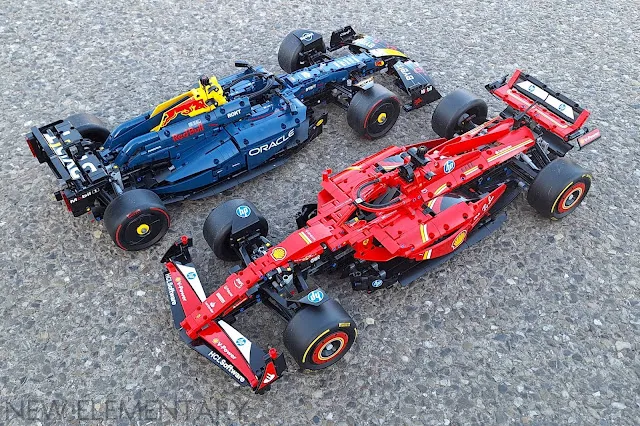 Lego Technic F1 Car sets 42206 Oracle Red Bull Racing RB20 and 42207 Ferrari SF-24 displayed on concrete path