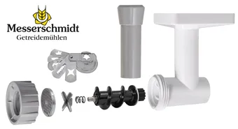 Lieferumfang des Messerschmidt Fleischwolfs mit Stopfer, Förderschnecke und Lochscheibe