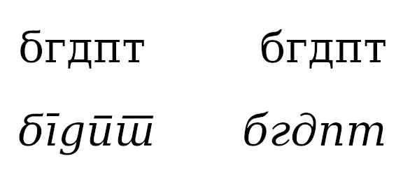 'locl'-Unterstützung in GIMP 2.10.32: gleiche Zeichen in (links) Serbisch (rechts) Ukrainisch (oben) aufrecht (unten) kursiv