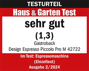Logo des Haus & Garten Test Magazins mit der Bewertung "sehr gut" für die GASTROBACK® Siebträgermaschine