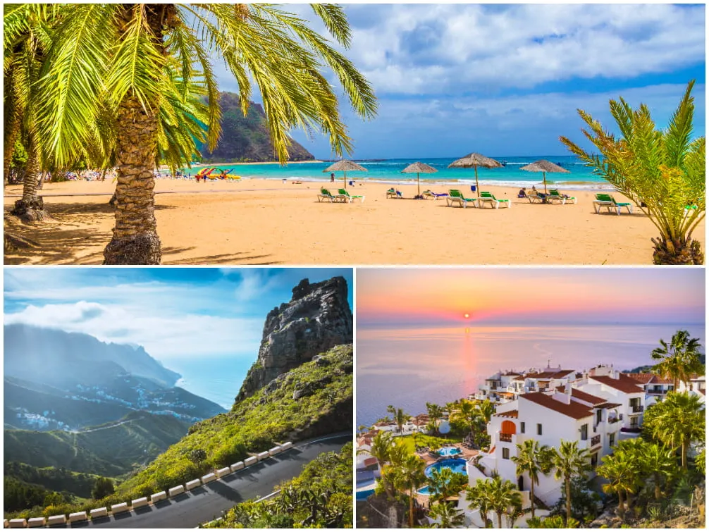 Luftaufnahme des Playa de Las Teresitas, Anaga Gebirge und Puerto de Santiago auf Teneriffa