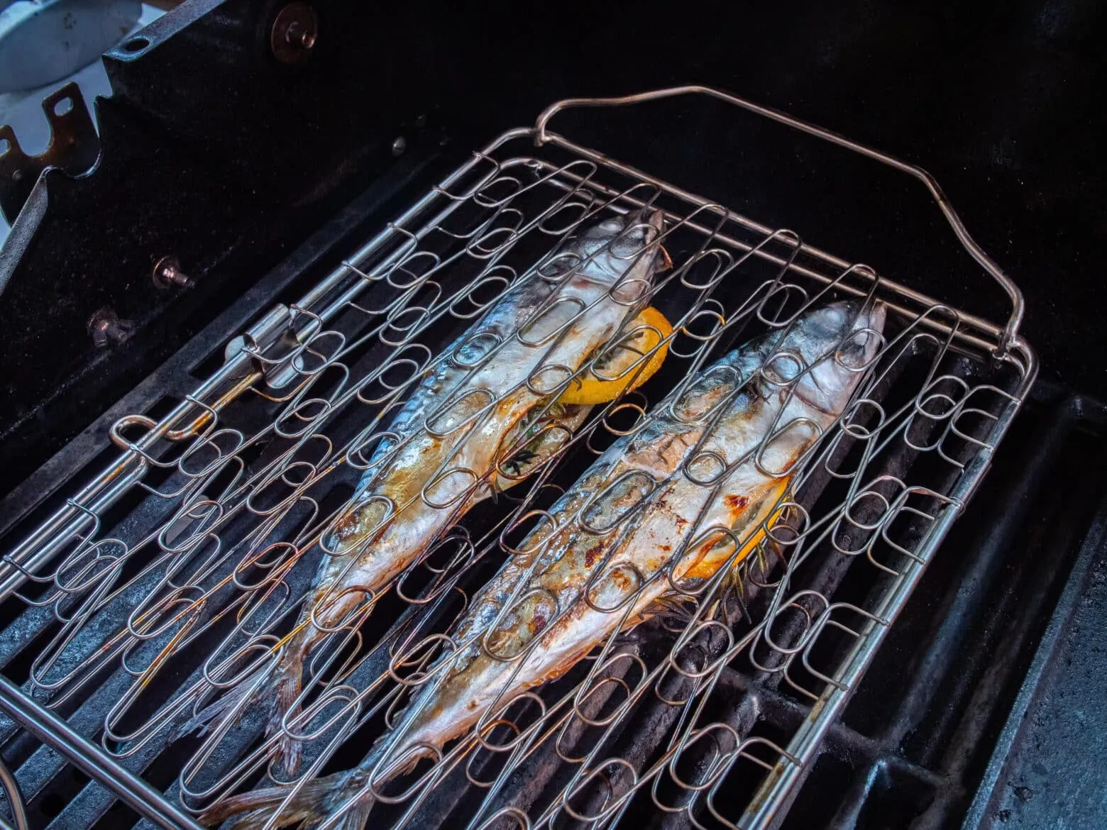 Makrelen werden im Fischbräter gegrillt