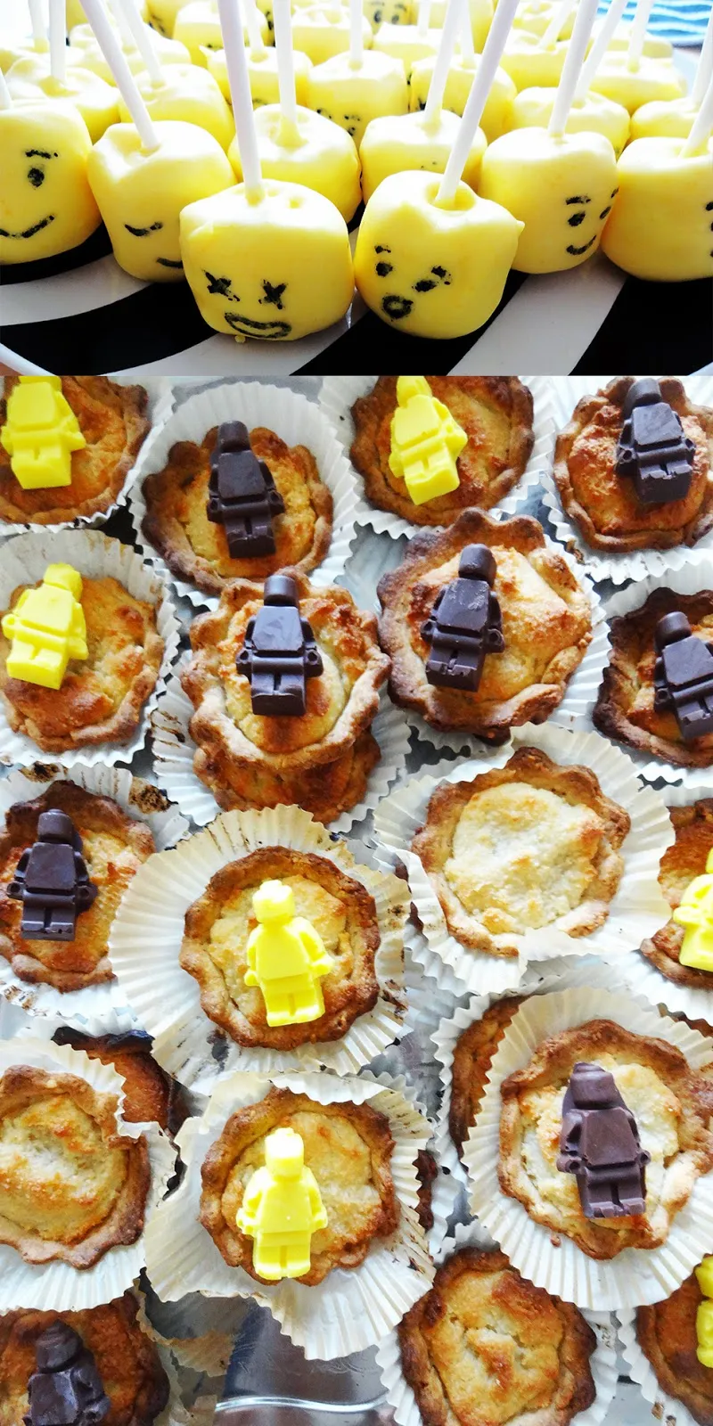 Marshmallows mit LEGO-Gesichtern und Mandeltörtchen mit Schokoladen-LEGO-Männchen