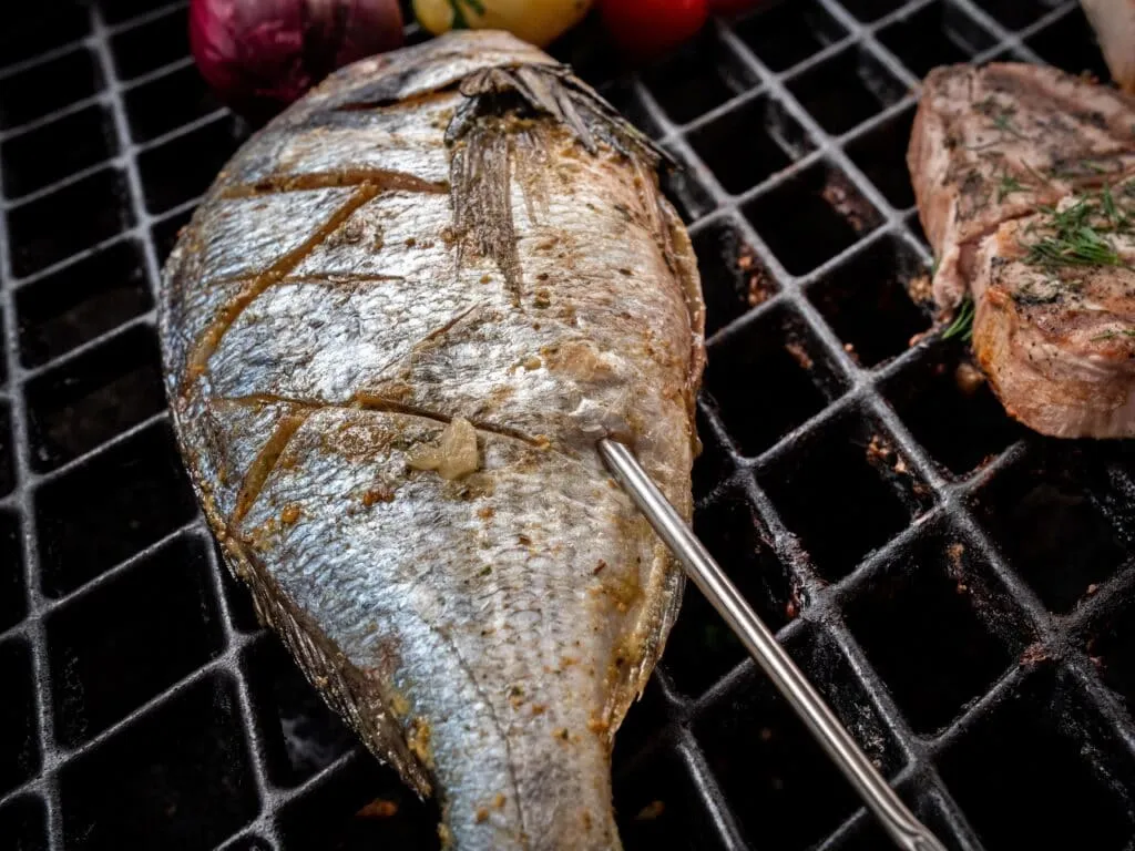 Messen der Kerntemperatur von Fisch mit einem Grillthermometer