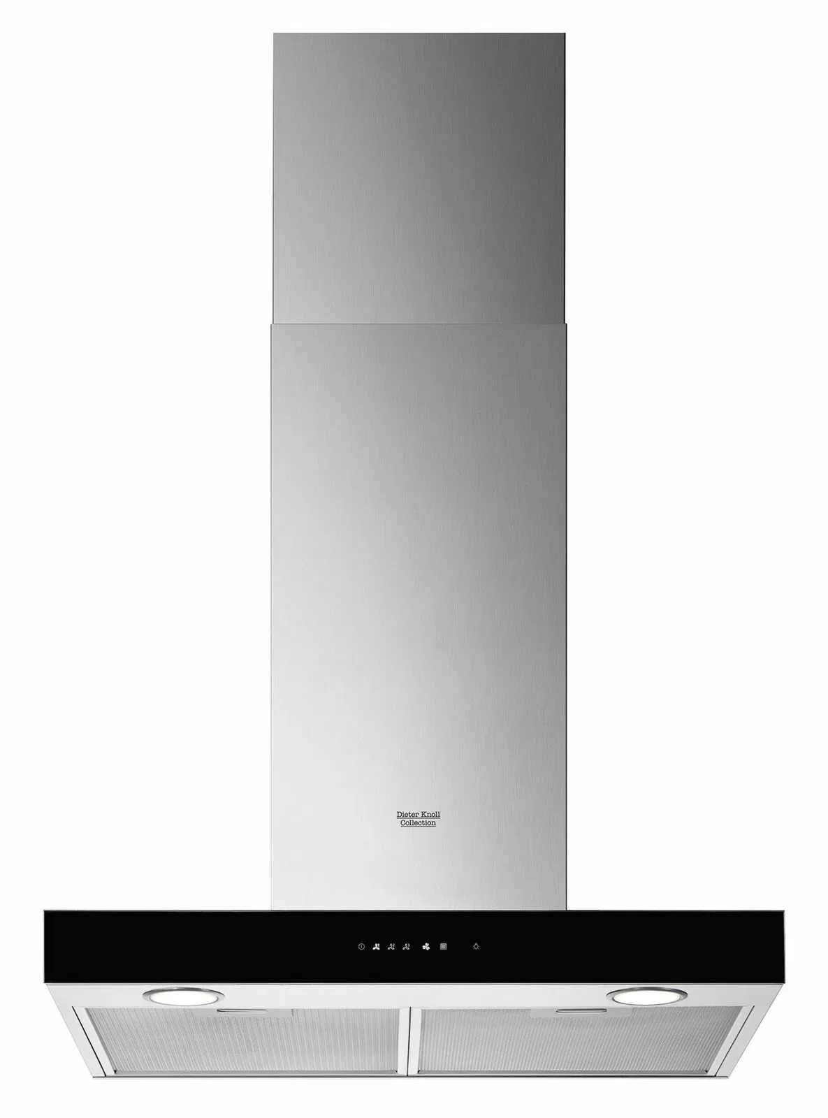 Moderne Wandhaube aus Edelstahl mit schwarzer Frontblende
