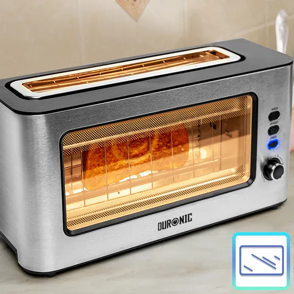 Nahaufnahme der Glasfront des Duronic TB10 Toasters beim Toasten