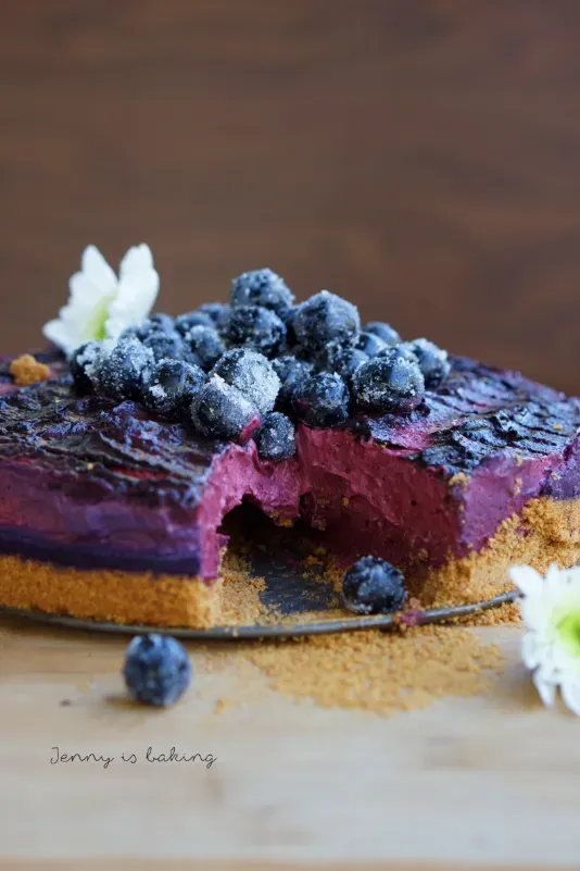 Nahaufnahme des Heidelbeer-Käsekuchens von oben