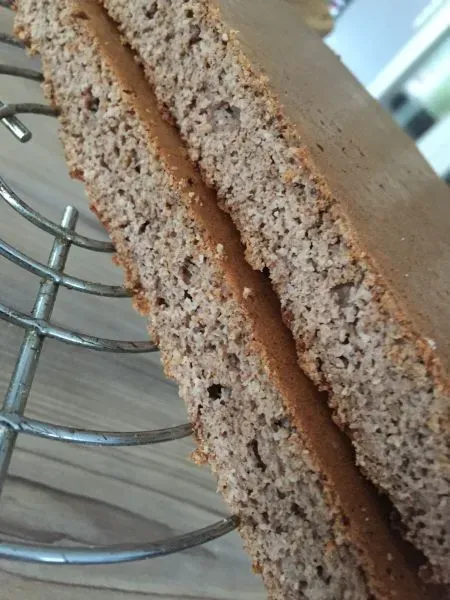 Nahaufnahme einer Scheibe der Low Carb Pistazien-Torte mit Lebkuchenbiskuit