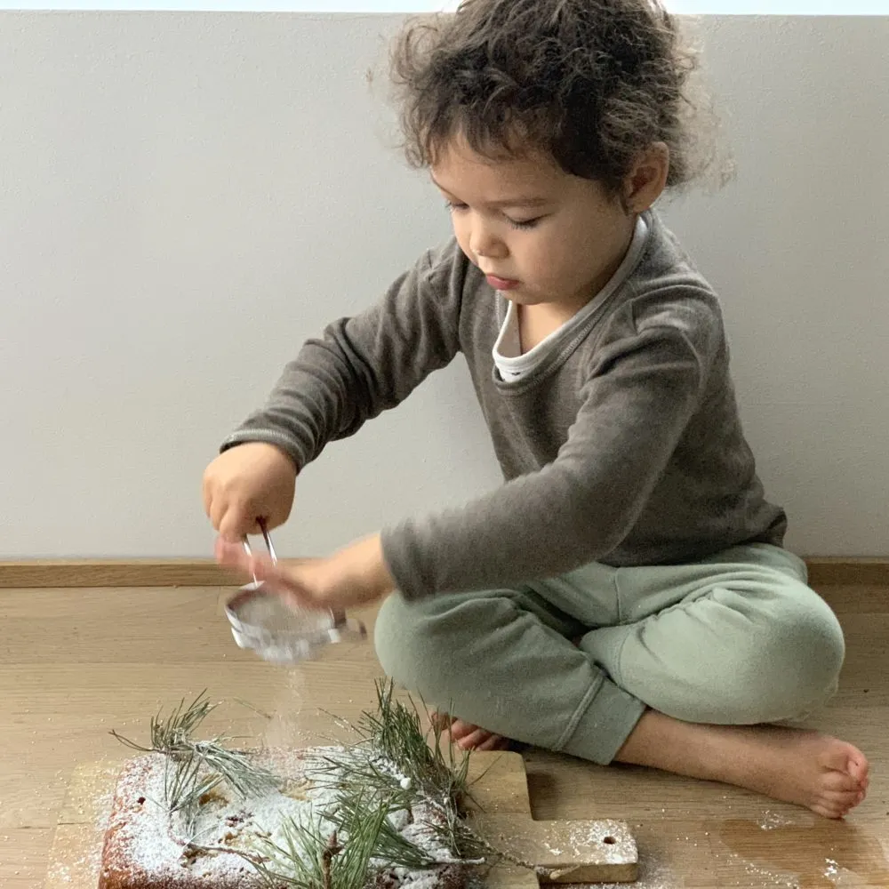 Nahaufnahme eines Apfelkuchens mit Puderzucker, der wie eine Wolke aussieht