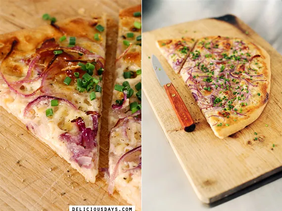 Nahaufnahme eines köstlichen Flammkuchens, fertig zum Servieren