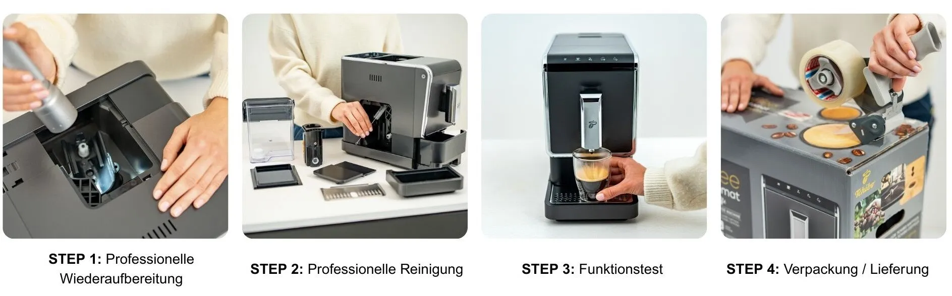 Nahaufnahme eines Tchibo Esperto Caffè mit dem Hinweis auf das Refurbished-Programm und einem Schritt-für-Schritt-Prozess