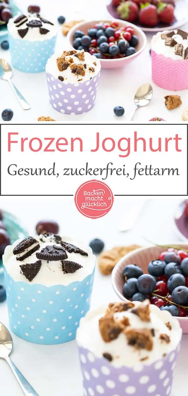 Nahaufnahme von Frozen Joghurt mit bunten Streuseln und Früchten