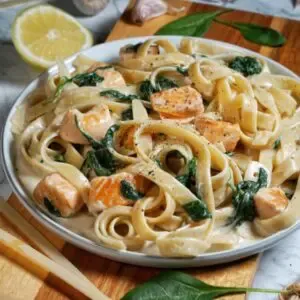 Nudeln in cremiger Lachs-Sahne-Soße mit frischem Spinat