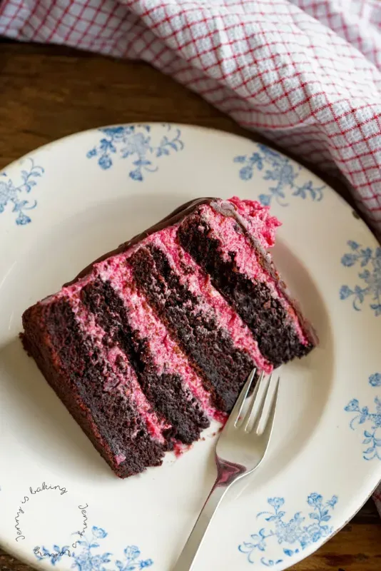 Obenansicht einer saftigen Himbeer-Schoko-Torte mit Schokoladen-Drip und frischen Himbeeren