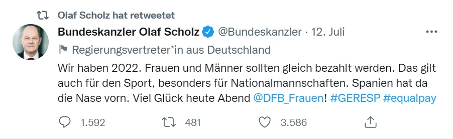 Olaf Scholz fordert in einem Tweet Equal Pay im Sport für Frauen und Männer