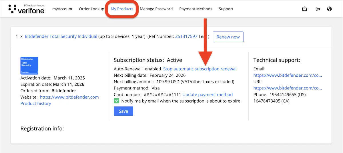 Option „Automatische Abonnementverlängerung beenden“