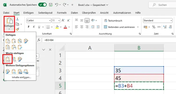 Option zum Einfügen von Werten statt Formeln in Excel