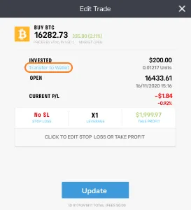 Option zur Überweisung auf Wallet im Trade-Bildschirm