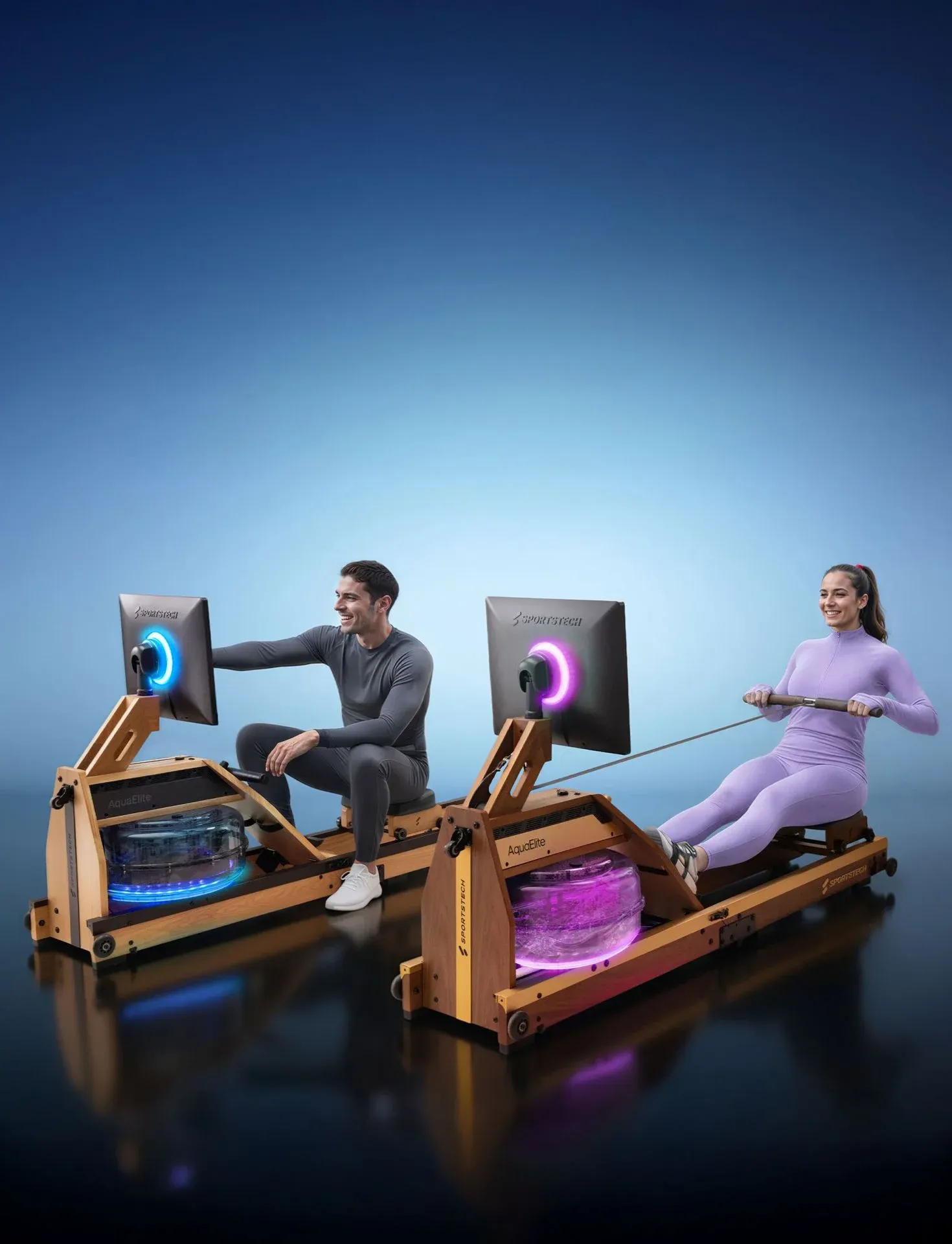 Person rudert auf einem modernen Rudergerät von Sportstech