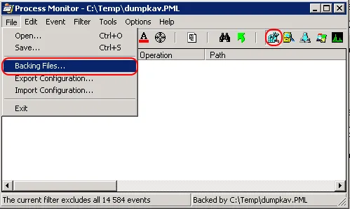 Process Monitor: Filteroptionen zur Auswahl der zu überwachenden Ereignisse